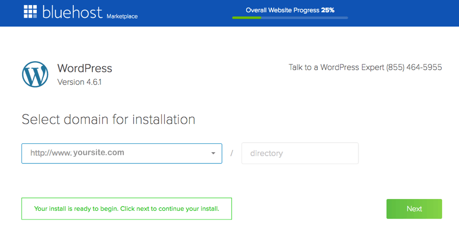 bluehost wordpress installation complete